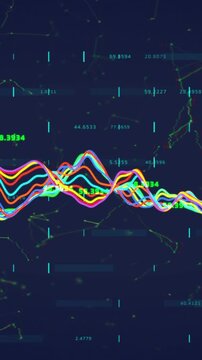 Animation of financial data processing over network of connections on black background