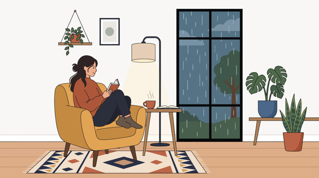 Woman sitting in armchair reading a book at home