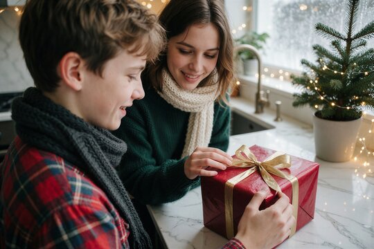 Two people exchanging Christmas gifts in a cozy kitchen setting, focusing on the moment of unwrapping a beautifully wrapped present.