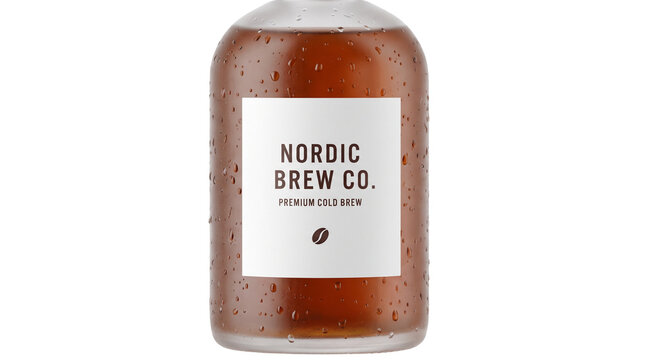 Cold Brew Coffee Bottle: A clear glass bottle filled with rich, dark cold brew coffee, showing condensation droplets on the exterior. A simple white label with black text NORDIC BREW CO.