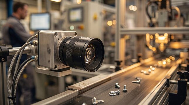 Industrial machine vision system checking metal screws on an automated production conveyor