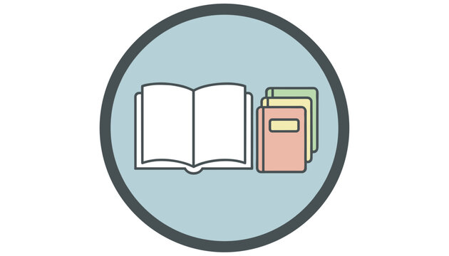 Minimalist icon of an open book beside three stacked colored books inside a circular frame on a white background.
