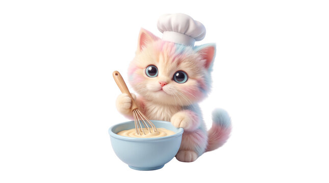 Whimsical Baker Kitty: An adorable, pastel-colored kitten wearing a chef's hat enthusiastically whisks batter in a light blue bowl, embodying a sweet and charming culinary fantasy.