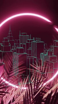 Animating neon cityscape over palm leaves with glowing circle in background
