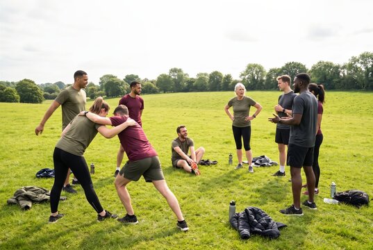 Running group stretching together in a circle on the grass after their run