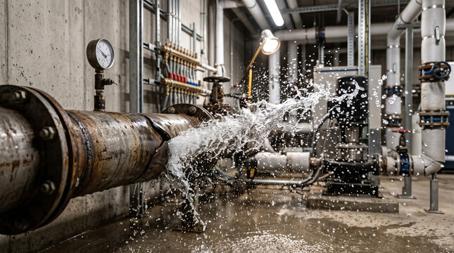 Industrial pipe rupture in a mechanical room with water spraying out of a crack in heavy metal piping systems