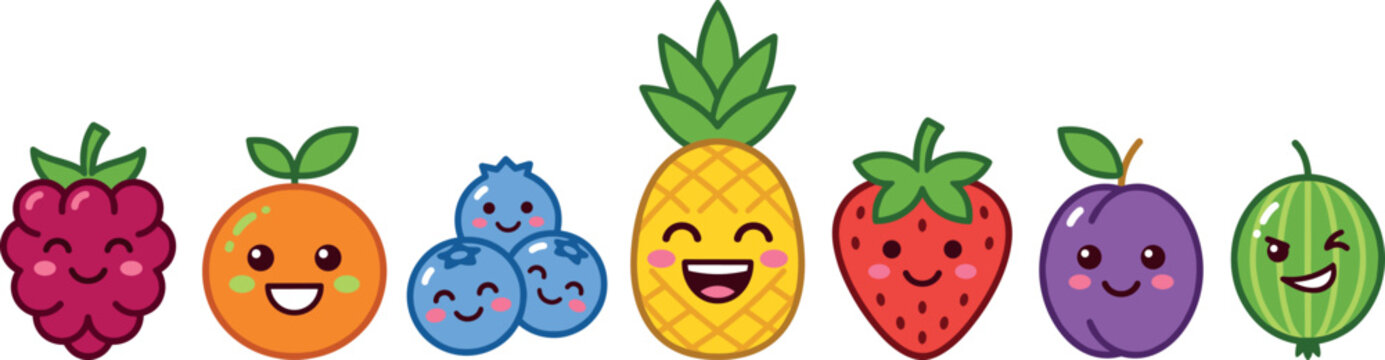 Cute kawaii fruits and berries horizontal border vector set with happy smiling faces for children graphic design illustrations