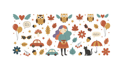 Fototapeta premium Autumn sticker set collection with a cute girl character owls fallen leaves acorns black cat and red cars.