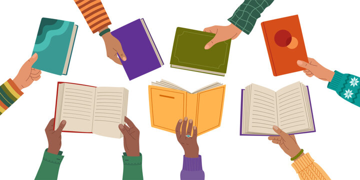 People exchanging books, reading together, recommend literature. Education and knowledge concept. Literary community. Hand drawn vector illustration isolated on white background, flat cartoon style.