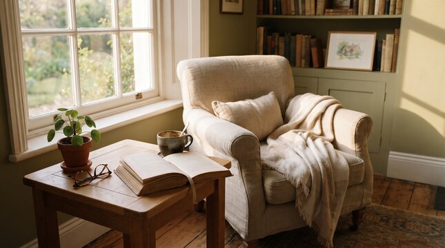 Cozy World Book Day reading corner with an open book, coffee, glasses and greenery in warm sunlight, creating an inviting atmosphere for reading and relaxation.
