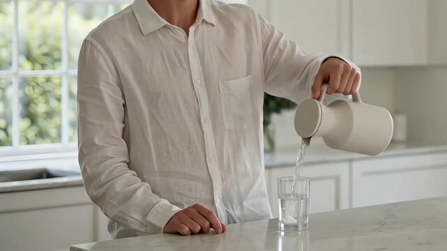 Man in white linen shirt pouring fresh water from a pitcher into a glass on a marble kitchen island in bright, natural light.
