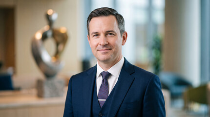Fototapeta premium Portrait of confident businessman in contemporary office workplace leadership concept perfect for professional career growth