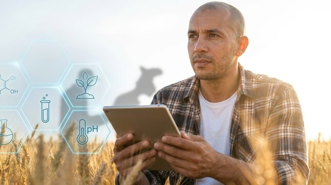 Man using tablet in a wheat field with technology icons.