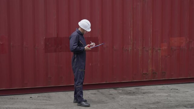 Logistics engineer inspecting shipping containers at a transport hub.