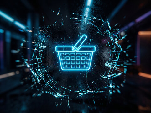 Futuristic neon shopping basket icon on digital tech background