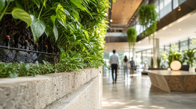 Green living wall featuring lush tropical plants in a modern sunlit corporate workspace office