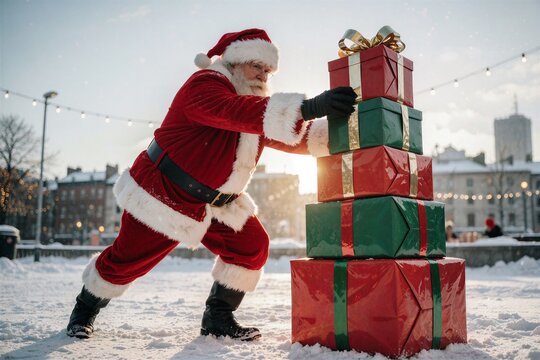 Santa Claus aggressively pushing a tall stack of wrapped Christmas gifts in a snowy city square during winter.