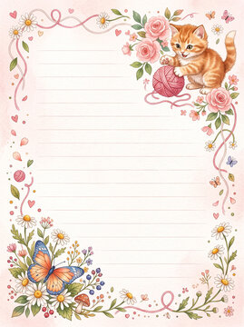 Playful kitten with yarn ball roses and butterfly lined page template for diary