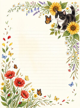Kitten sunflowers poppies and butterflies lined page template for diary or letter writing