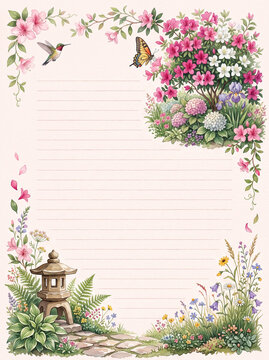 Garden lantern path with hummingbird butterfly and flowers lined page template for diary