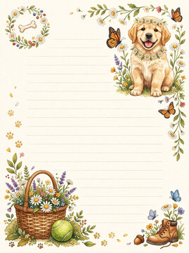 Golden retriever puppy with flower crown butterflies and basket lined page template for diary