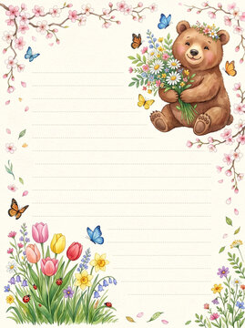 Bear cub with flowers and butterflies lined page template for diary