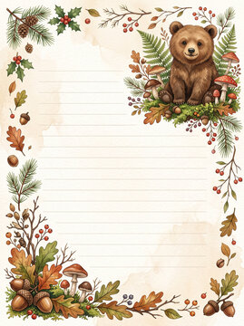 Bear cub with autumn leaves mushrooms and acorns lined page template for diary
