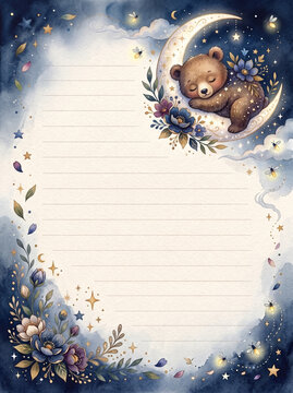 Sleeping bear cub on crescent moon with stars and flowers lined page template for diary