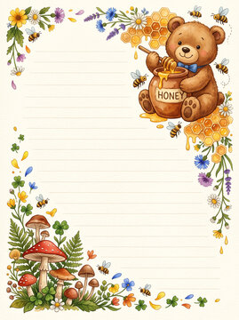 Bear with honey pot bees and wildflowers lined page template for diary