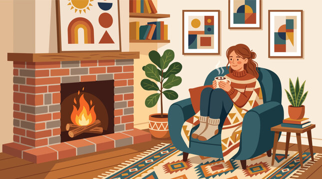 Woman relaxing in a cozy armchair by the fireplace