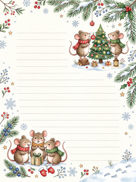 Christmas mice decorating tree with gifts and snowflakes lined page template for diary