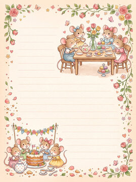 Mice tea party with roses cake and macarons lined page template for diary
