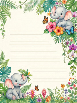 Cute elephant with tropical leaves flowers and butterflies lined page template for diary