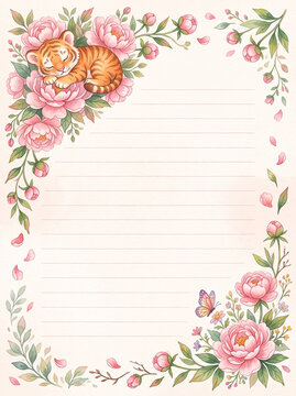 Sleeping tiger cub with pink peonies and flowers lined page template for diary