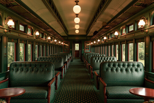 Elegant Vintage Train Car Interior with Green Seating