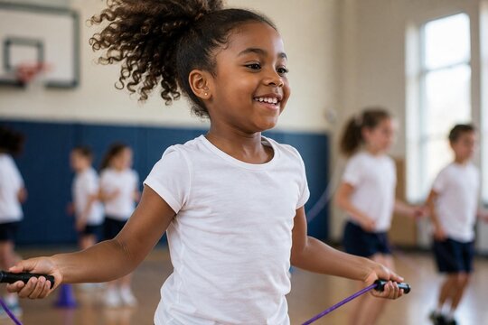 Happy African American little girl jumping rope during a sport lesson or PE class in a school gym