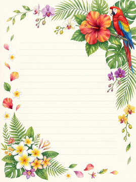 Tropical floral parrot lined page template for diary or letter writing