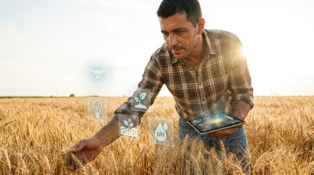 Farmer using digital tablet in golden wheat field.