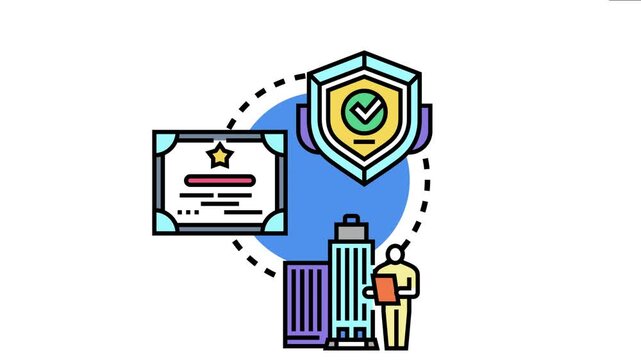 Campus accreditation seal validating educational excellence, showing a shield with a checkmark, certificate, building, and person holding a document, representing compliance and quality standards