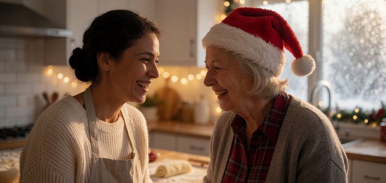 Joyful moment of baking Christmas cookies together between a caregiver and grandparent in a cozy, warmly lit modern kitchen.