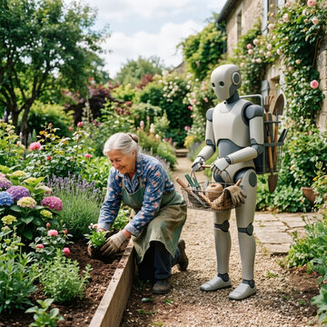 Homme &acirc;g&eacute; jardinant dans un potager assist&eacute; par un robot humano&iuml;de tenant des outils de jardinage