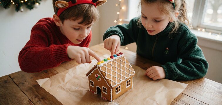 Two children excitedly decorating a gingerbread house on a wooden table with colorful candies, capturing a sweet holiday moment.