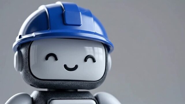 Minimalist friendly robot with a glossy blue hard hat in a static macro studio shot