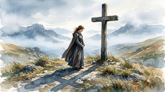 robed woman kneeling beside a cross in prayer