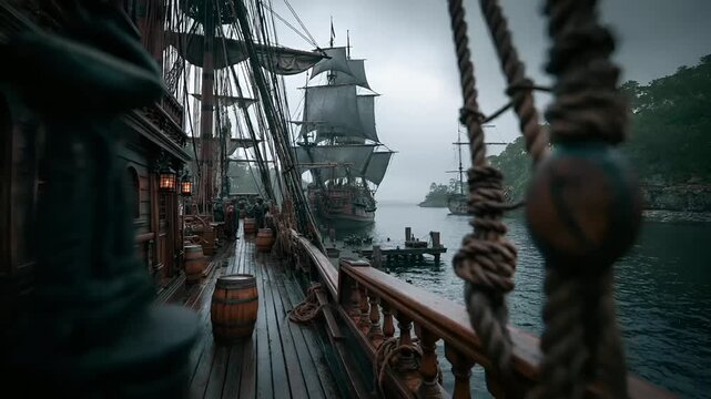 Europe medieval lifestyle. A moody, atmospheric portrayal of a pirate ship docked at a dock. The ships wooden deck features intricate carvings, ropes, and barrels. The deck is illuminated by lanterns.