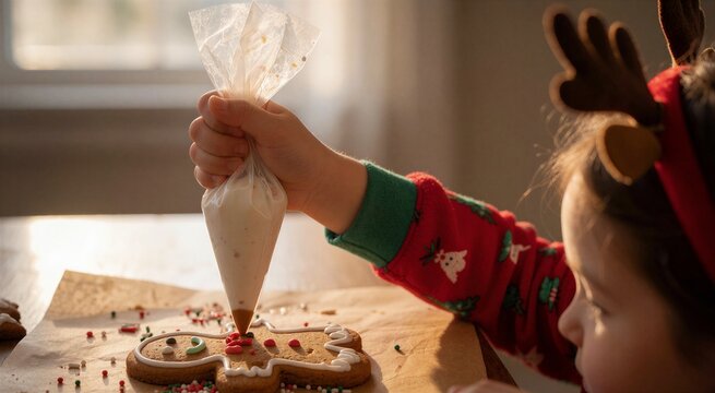 Child decorating a gingerbread cookie with icing, capturing the joy of making festive Christmas treats with warm natural light.