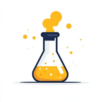 Elegant minimalist illustration of an Erlenmeyer flask with vibrant yellow smoke spiraling upwards in a clean design