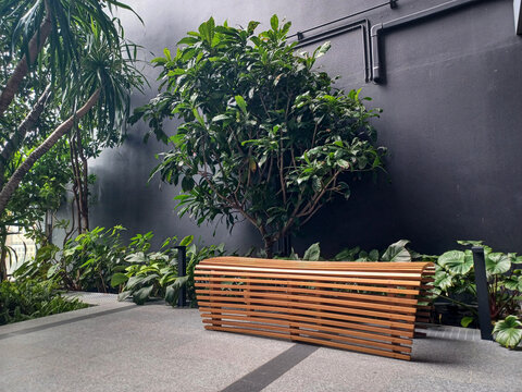 Modern slatted wooden bench in a tropical courtyard garden.