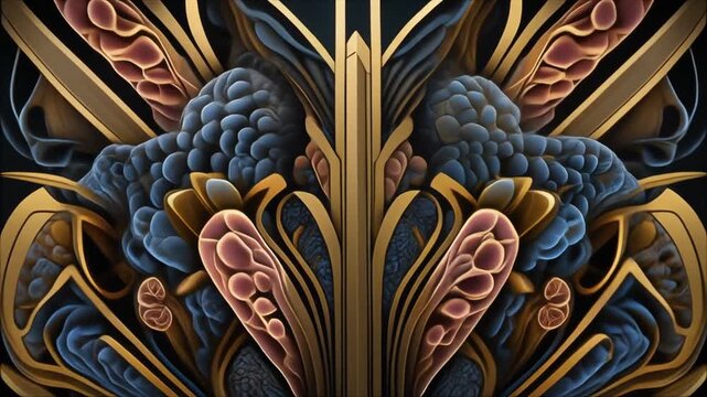 Symmetrical Art Deco Pattern Blue, Gold, and Pink Organic Abstract Design