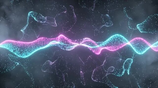 Neon energy wave ripples through swirling fog particles in a cinematic abstract background